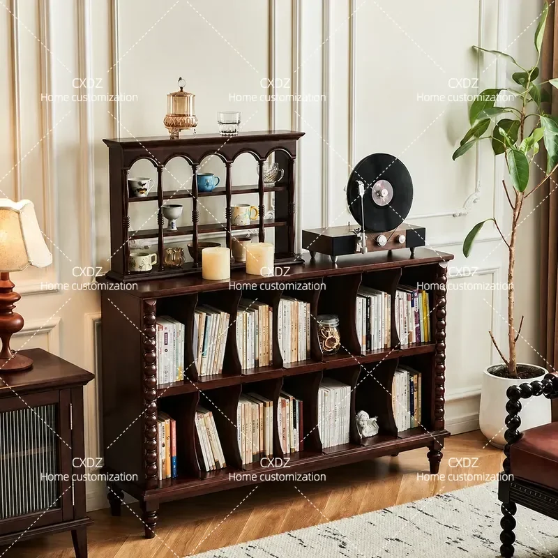 Medieval Solid Wood Bookcase with Locker Grid Living Room Floor Storage Cabinet Integrated Wall Shelf Bookshelf