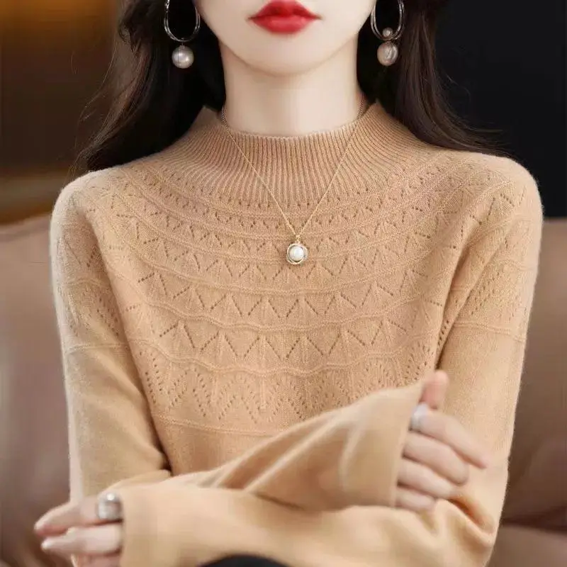 Women's New Half High Collar Hollow Out Loose Sweater Fashion Solid Color Long Sleeve Autumn Winter Pullover Knitted Bottom Tops