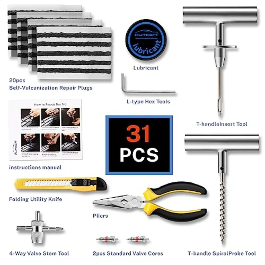 Reparaturset für flache Reifen mit Steckern, 31-teilig, für Auto, Motorrad, ATV, LKW, Traktor, Reparatur von flachen Reifen