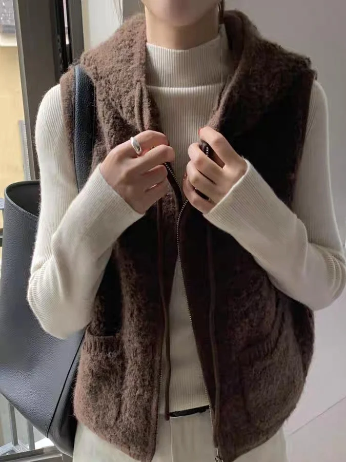 Korean Style Furry Circle Velvet Hooded Women's Vest Small Size Cute Anti-Aging Fashion Zipper Knitted Open Cardigan Vest
