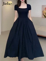 Jielur Black New Slim Summer Women Dresses Solid Color Ruffles Short Sleeve Simple Female Dress French Style Sweet Evening Dress