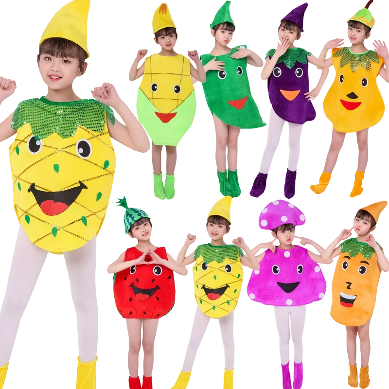 Costumes de performance solaire cool avec chapeau pour enfants, fruits et légumes, tenue de fête d'anniversaire pour garçons et filles, été