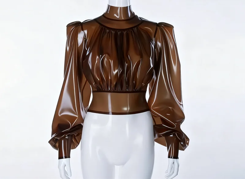 100% Rubber Latex Coffee Tops Cosplay Long Sleeve Bubble Design Halloween Party Costume S-XXL