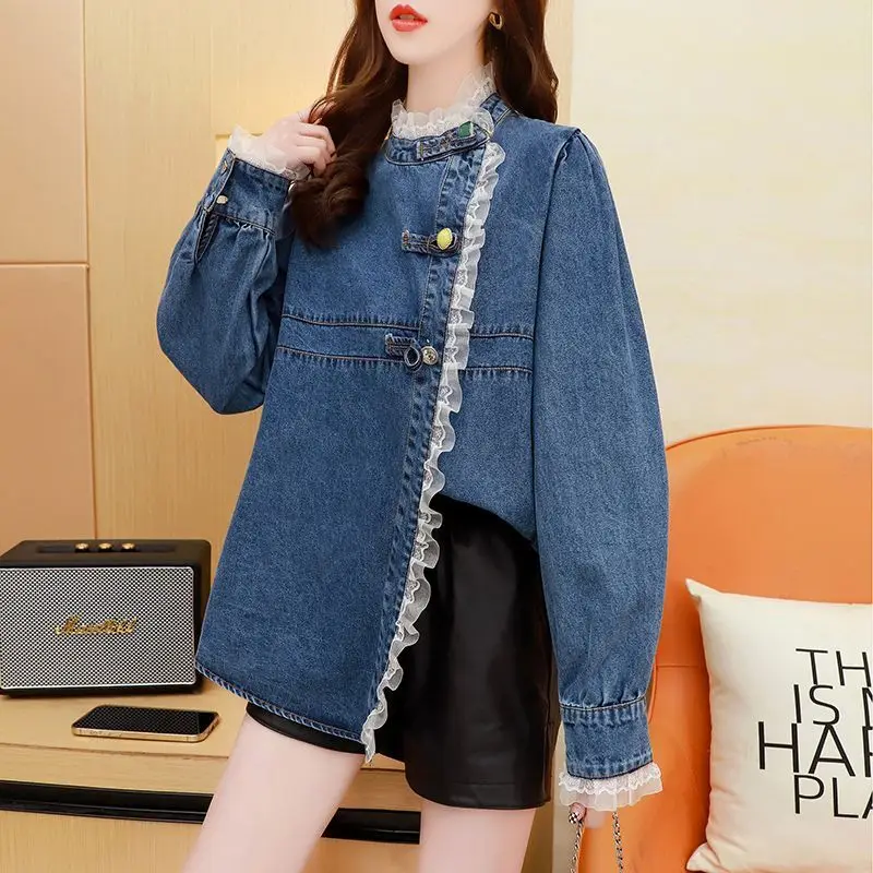 

Women Lace Denim Jacket Spring Autumn Casual Single Breasted Long Sleeve Tops Ladies Blue Button Jean Coat Loose Outwear