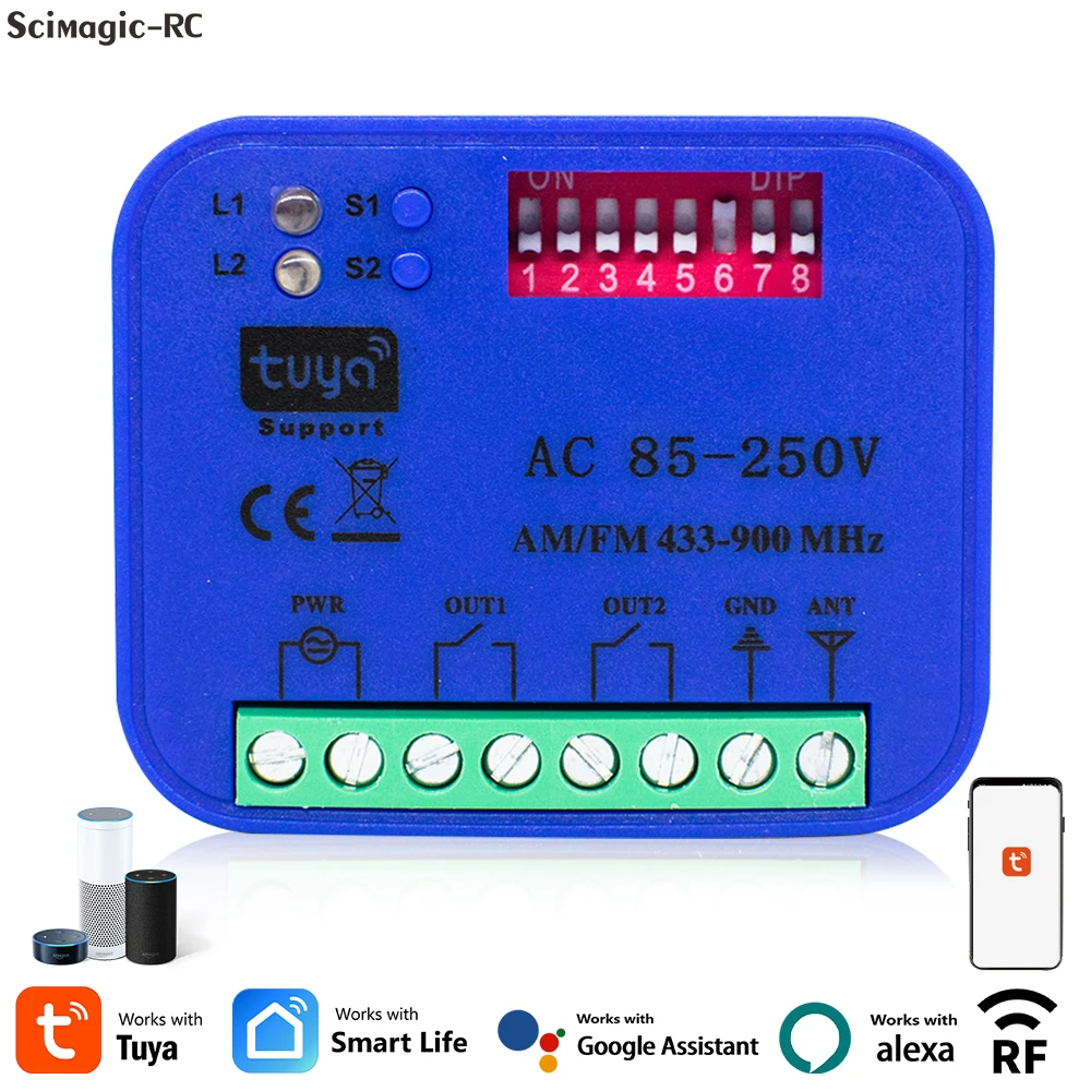2CH 433-868MHz WiFi Garage Door Opener Remote Control Tuya Smartlife App Smart On/Off Switch Receiver Controller For Alexa
