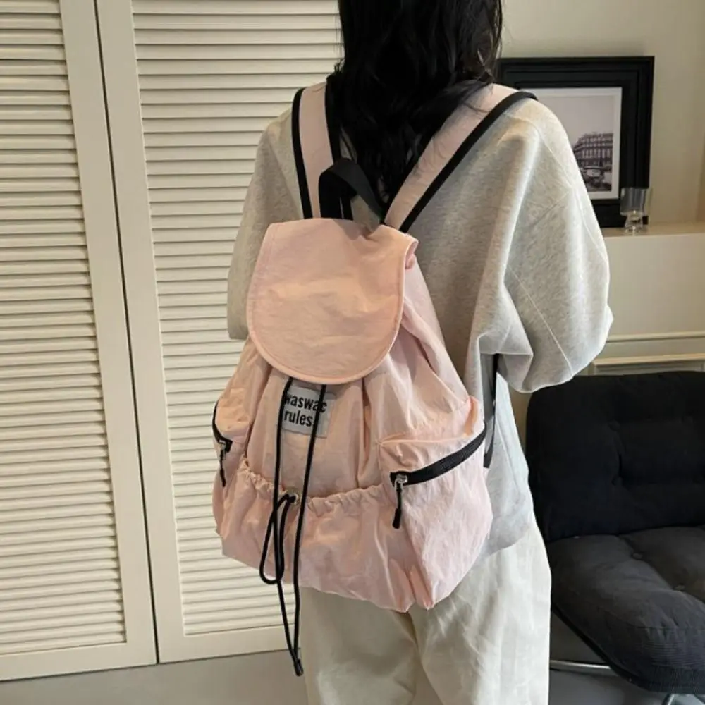 

Trendy Solid Color Drawsting Backpacks Light Weight Nylon Ruched Shoulder Bags Large Capacity Casual Student Schoolbag Travel