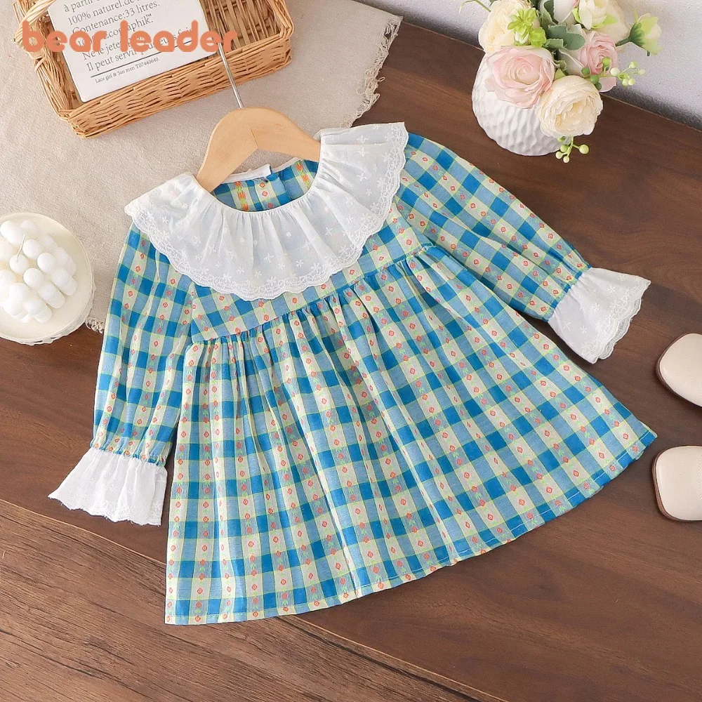 

Bear Leader Korean Version Plain Children's Clothing Autumn Long Sleeved Girls Casual Dresses Plaid Print Doll Collar Kids Dress