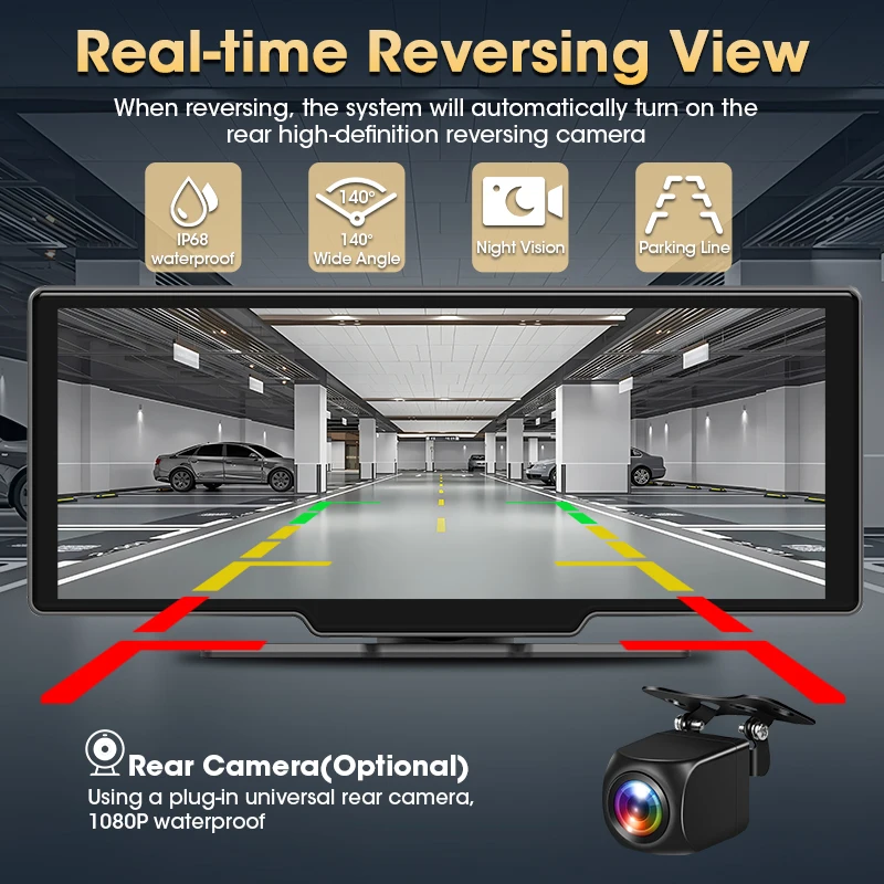 Srnubi 10,26 "cámara de salpicadero inalámbrica Carplay y Android Aut 4K DVR reproductor de navegación grabadora de doble lente tablero WIFI 5.0BT