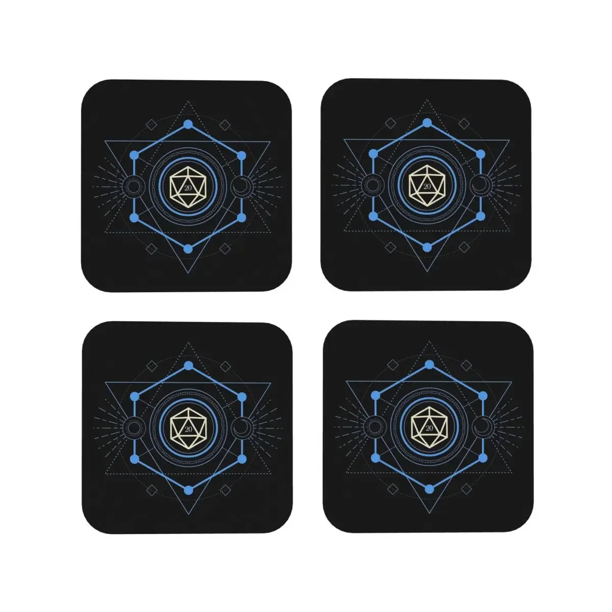 Geometric Minimalist Blue Polyhedral D20 Dice Tabletop RPG Coasters Kitchen Placemats Cup Mats For Tableware Pads Set of 4