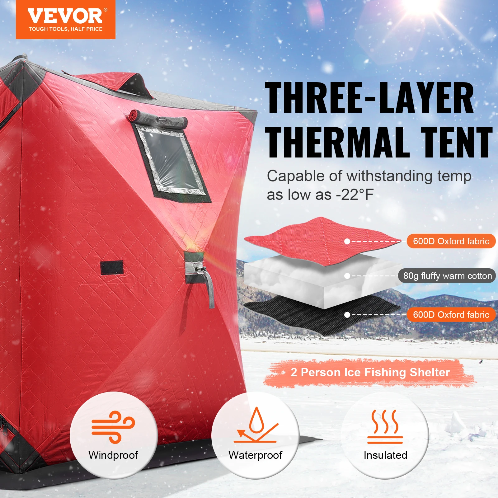 VEVOR Tenda da Pesca sul Ghiaccio 1,5 x 1,5 x 1,65 m Rifugio Portatile per Pesca sul Ghiaccio per 1-2 Persone, Isolamento Termico, Tessuto Oxford, Ancore, Corde, Borsa Trasporto, per Pesca Invernale