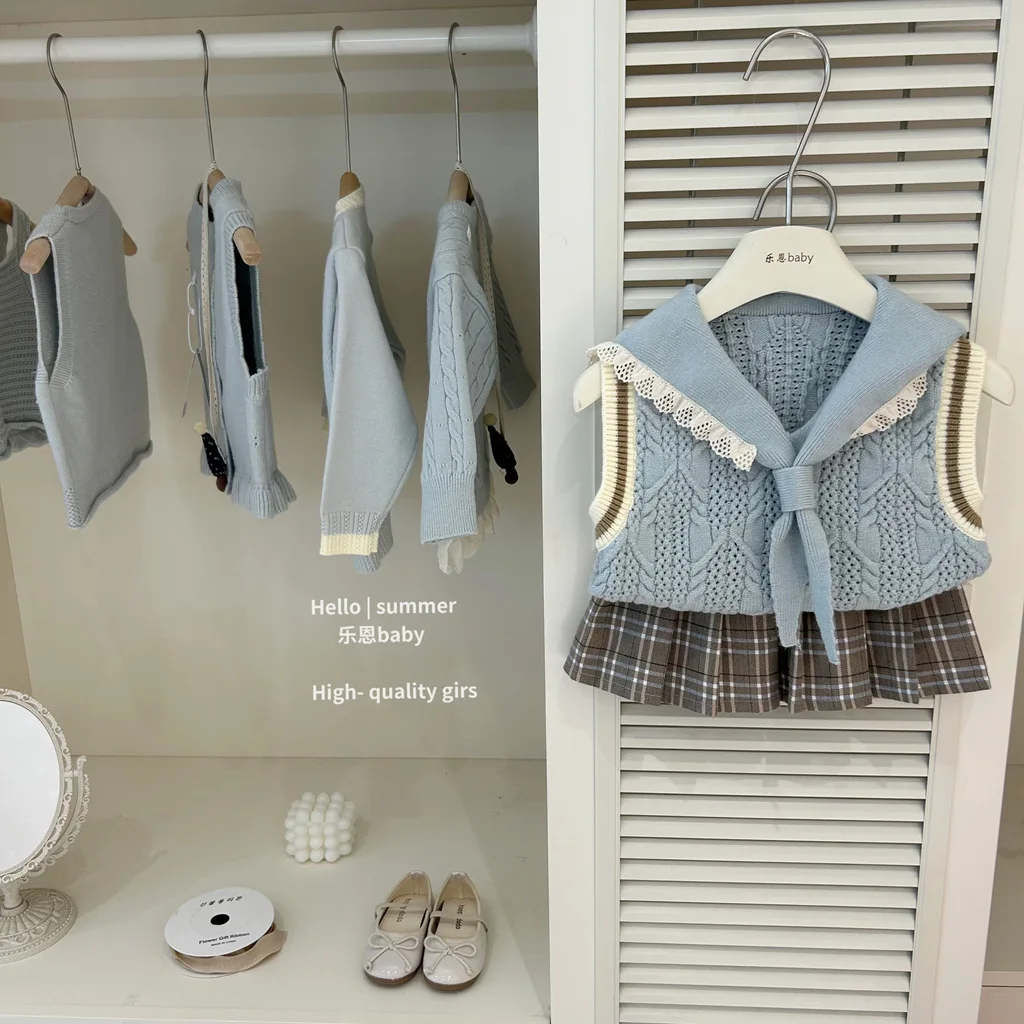 Girls Set 2025 Spring Summer New Girls Navy Leadership Academy Style Vest Top Plais Pleated Skirt Two Piece Set