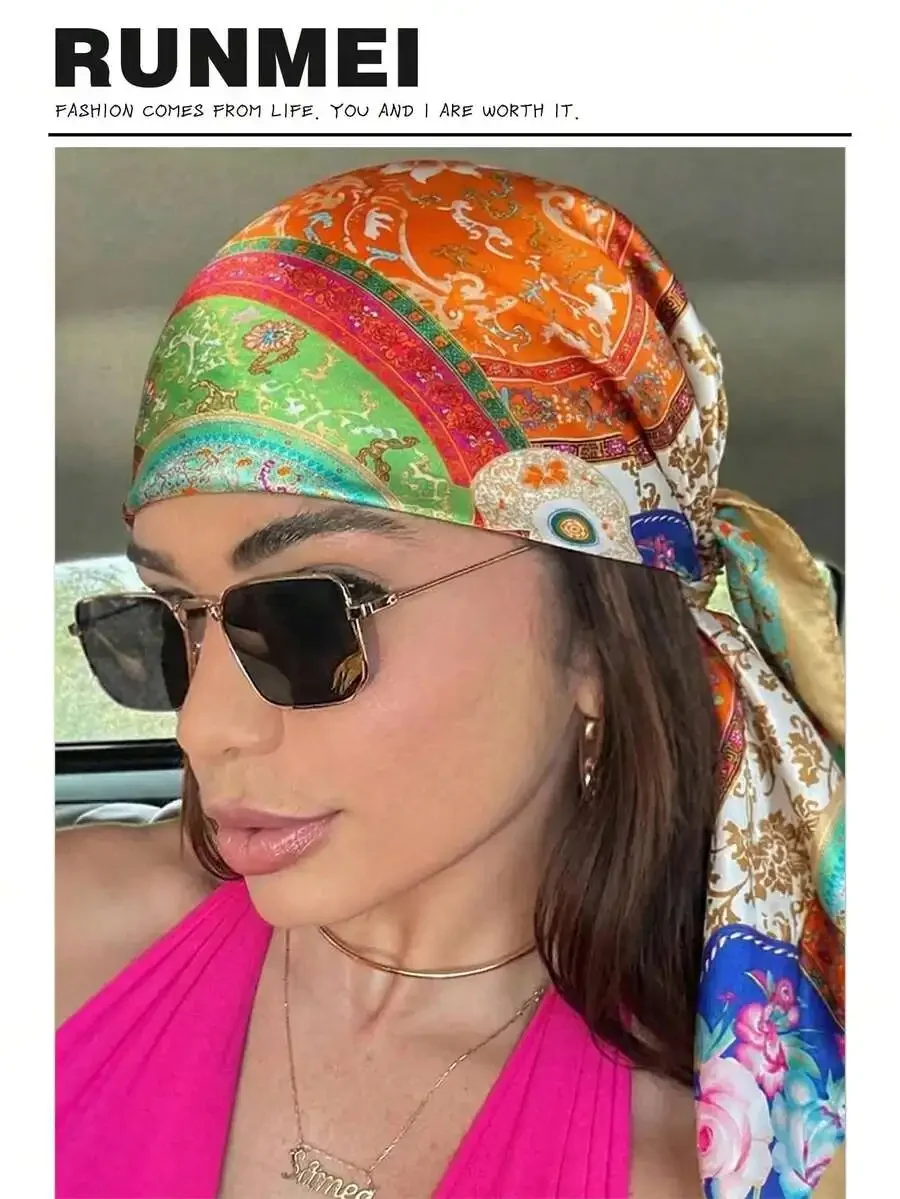 

Multicolor Ornate Satin Square Scarf For Women—Wear As Headwrap, Waist Tie, Bag Decor, Or Neck Wrap, Summer Beach Holiday
