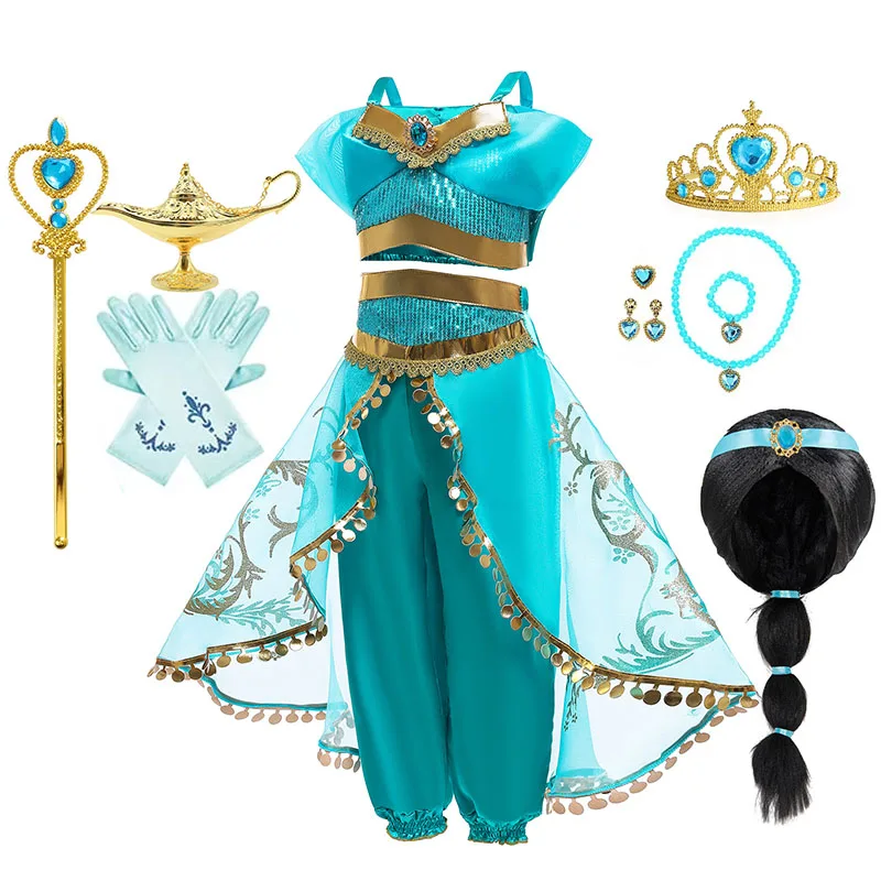 Kids Girls Cosplay The Magic Lamp Aladding Jasmine Fairy Costume Princess Dress up for Girls Fancy Halloween Carnival Clothing