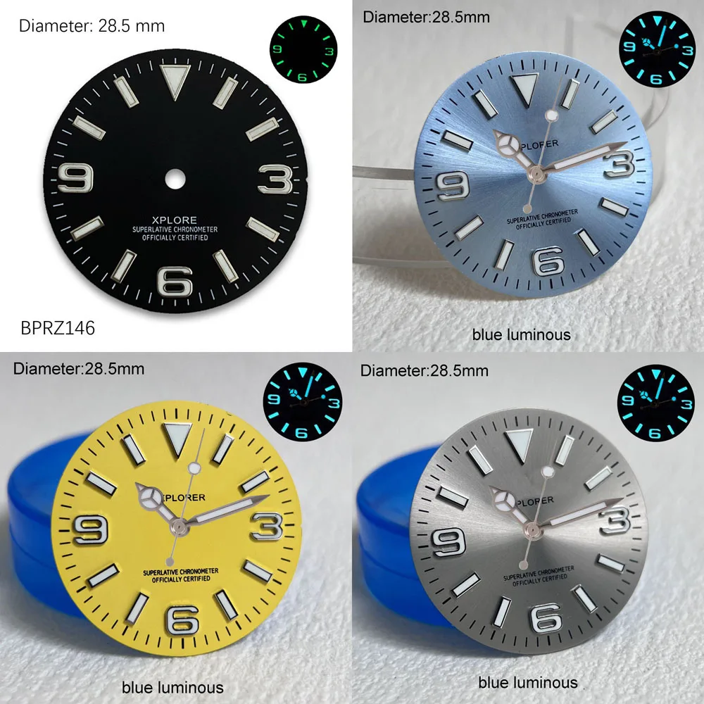 28.5mm S Logo NH35 Dial Yellow Ice Blue Gray Sunray 3-6-9 Dial for NH35 Movement EXPLOR S Dial NH35 Hands Watch Accessories