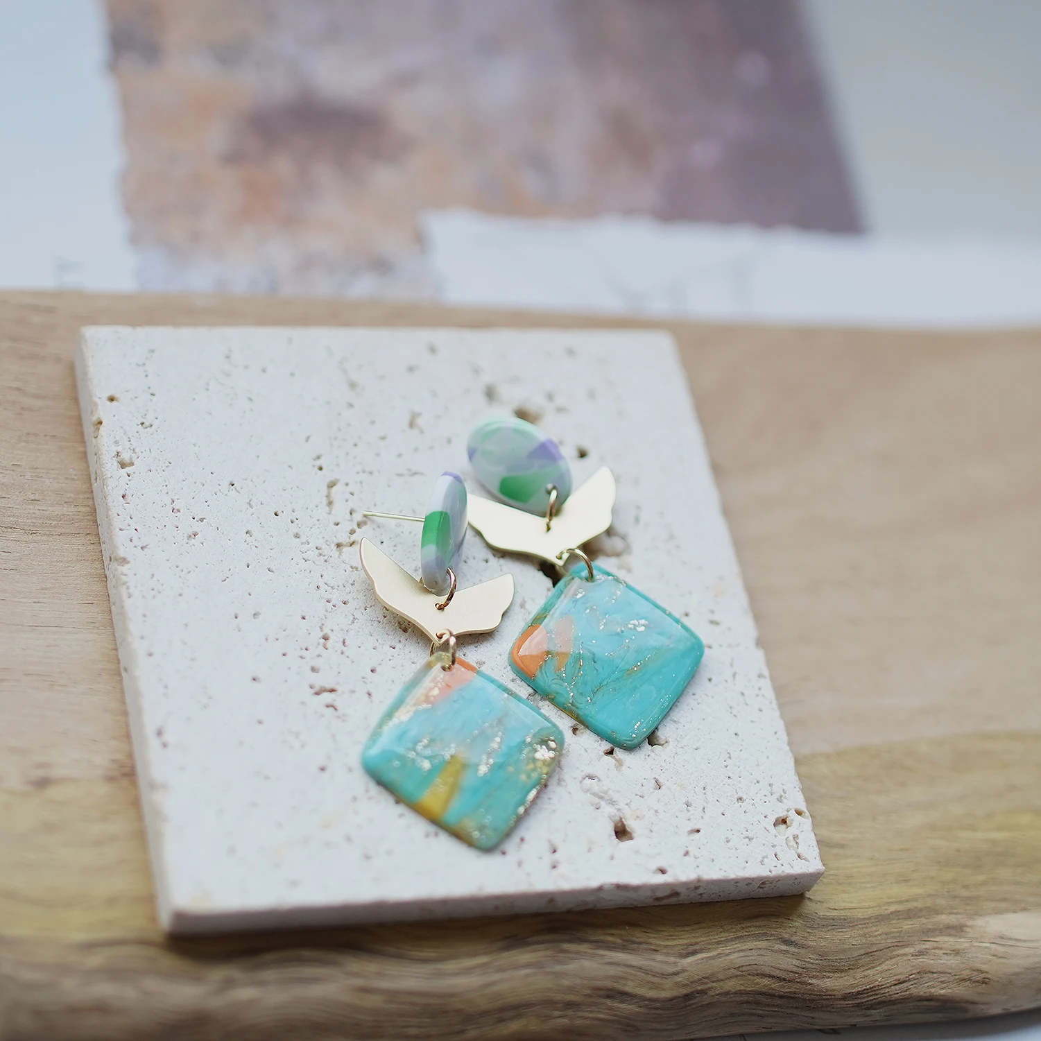 Spring Summer Women\'s Fashion Trendy Marble Enamel Square Dangle Earrings Handmade Polymer Clay with Brass Metal for Accessories