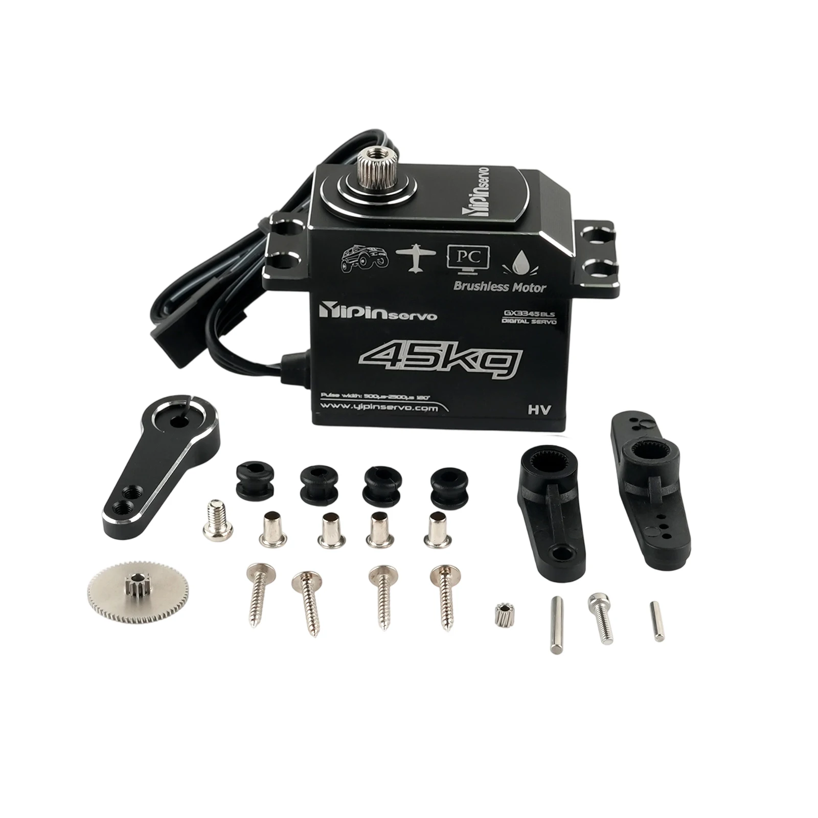 Serwo bezszczotkowe o dużym momencie obrotowym 45KG, wysoka prędkość, pełna obudowa z aluminium CNC, metalowe osłony przekładni, wodoodporne, do samochodów RC, ciężarówek, crawlerów, łodzi.