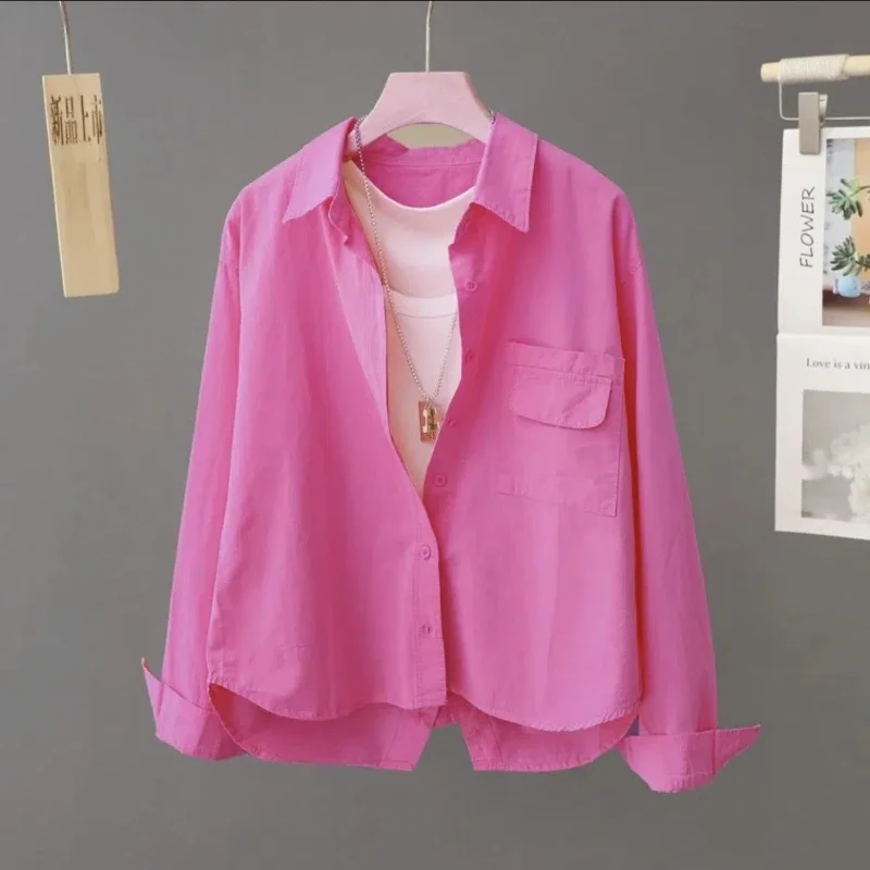 

Back Slit Short Cotton Shirt Women's Autumn New Korean Version Loose Casual Single Pocket Long Sleeved Shirt Top XQ463