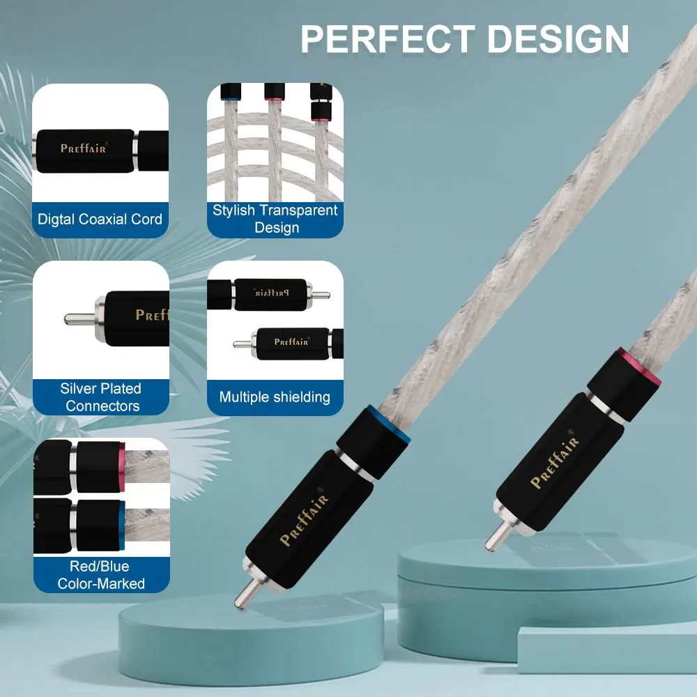 Prefair Audiophile kabel RCA Stereo HiFi kabel interkoneksi Audio berlapis perak dengan colokan berlapis emas 24K untuk Amplifier