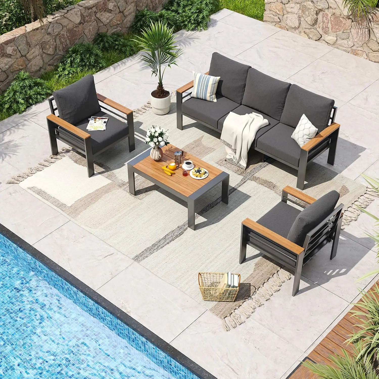 Oversized Aluminum Patio Sectional with Washable Cushions & Coffee Table, 5-Seater Outdoor Sofa for Porch Balcony Deck, Customiz