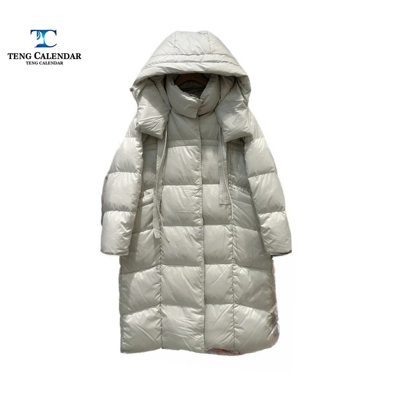 Puff ribbon duvet down jacket, medium length hooded thick Korean loose jacket, women's 2025 winter new style