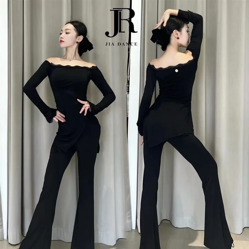 맞춤형 라틴 댄스 유니폼 한쪽 어깨 긴 소매 탑 가슴 패드 포함 연습복 여성 성인 교사용