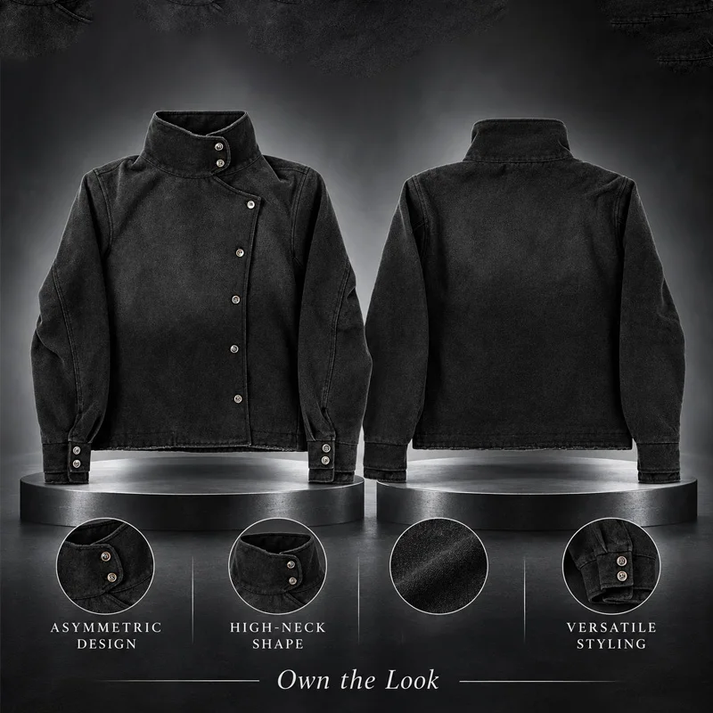 2026 Herbst Winter Unisex Gothic Asymmetrische Knopf-Cropped-Jacke Vintage Gewaschener Schwarzer Stehkragen Streetwear-Mantel – Detail 13