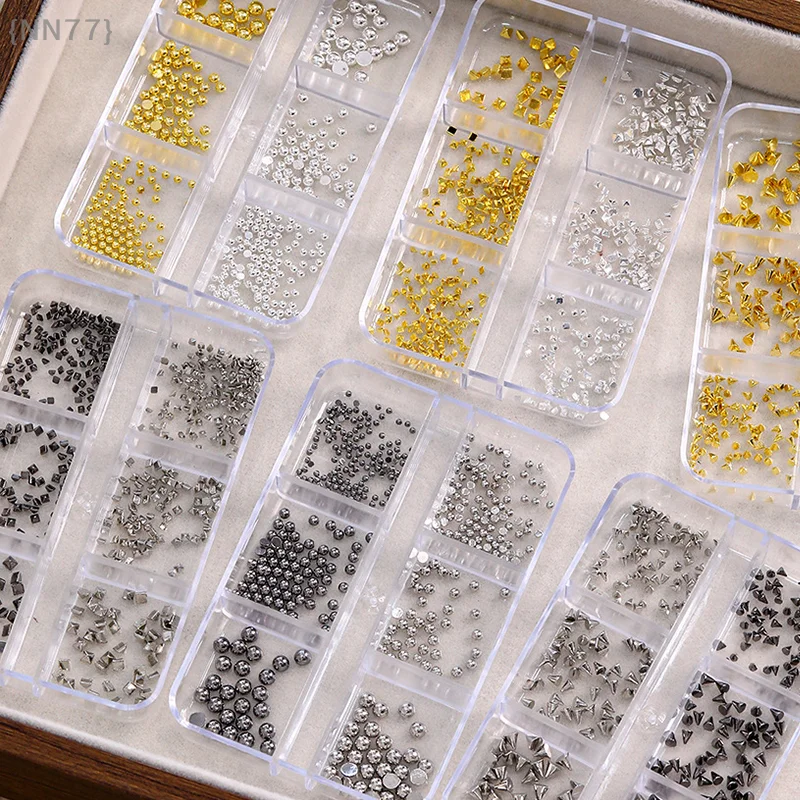 6グリッド3Dミニパンクメタルネイルスタッズ-ミックスサイズシルバー/ゴールド/ブラック、合金リベットスティックコーン、DIYネイルアートチャーム＆クラフトデコレーション