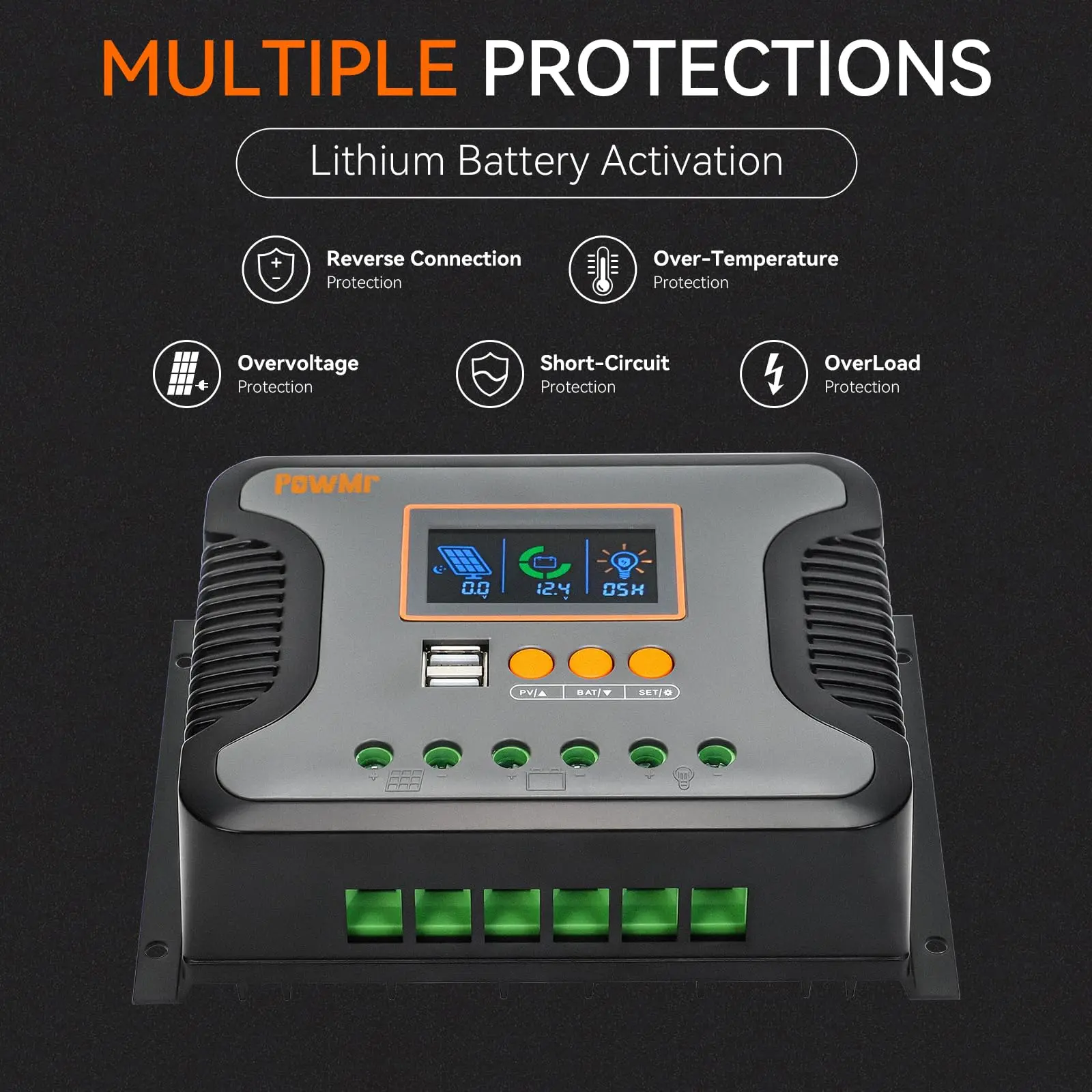 PowMr-وحدة تحكم شحن الطاقة الشمسية مع شاشة ليد ، USB ، 5 فولت ، 2 أمبير ، PV ، خارج ، يعمل بهدوء ، 12 فولت ، 24 فولت ، 36 فولت ، 48 فولت ، 30 أمبير ، 60 أمبير ، 80 أ