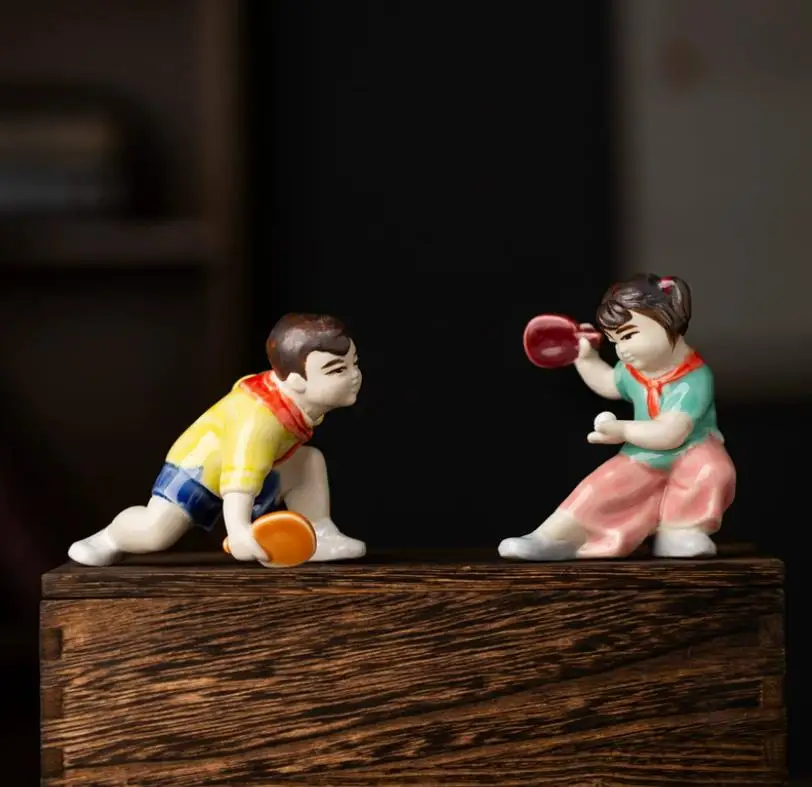 Decoration of Chinese  statue, Shiwan ceramic figurine playing table tennis statue,A Pair--Shiwan Kiln porcelain