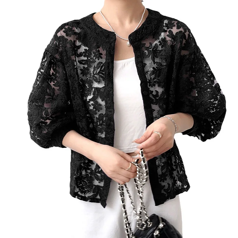 Explosive Korean Version Japanese Small Cardigan Embroidered Flower Lace Small Coat Lantern Sleeve Hollow Out Blouse Women