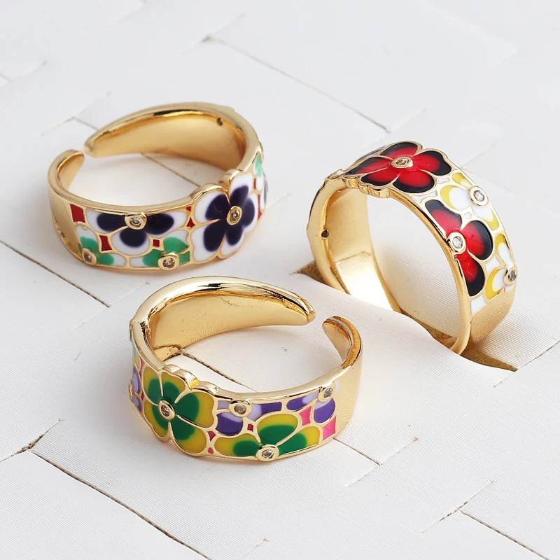 New Colorful Glaze Enamel Rings Metal Engrave Flower Ring Geometry Irregular for Women Girls Travel Jewelry