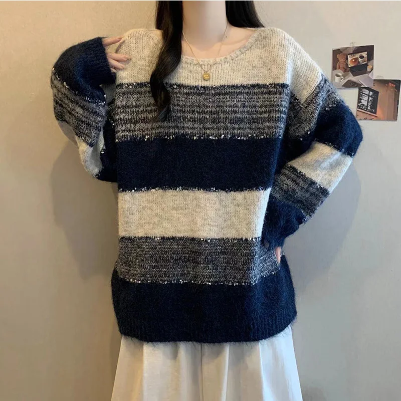 

Ленивый стиль, женский свитер, новинка 2025, осень-зима, полосатый свободный пуловер с круглым вырезом и длинными рукавами, Femme, винтажный трикотаж, топы