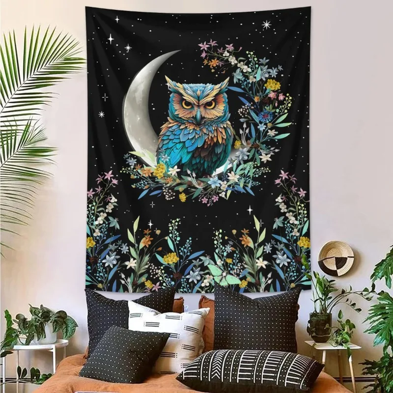 

1pc Bohemian owl floral aesthetic tapestry, moon and starry sky tapestry, cute owl plant floral plant room tapestry 180X320CM