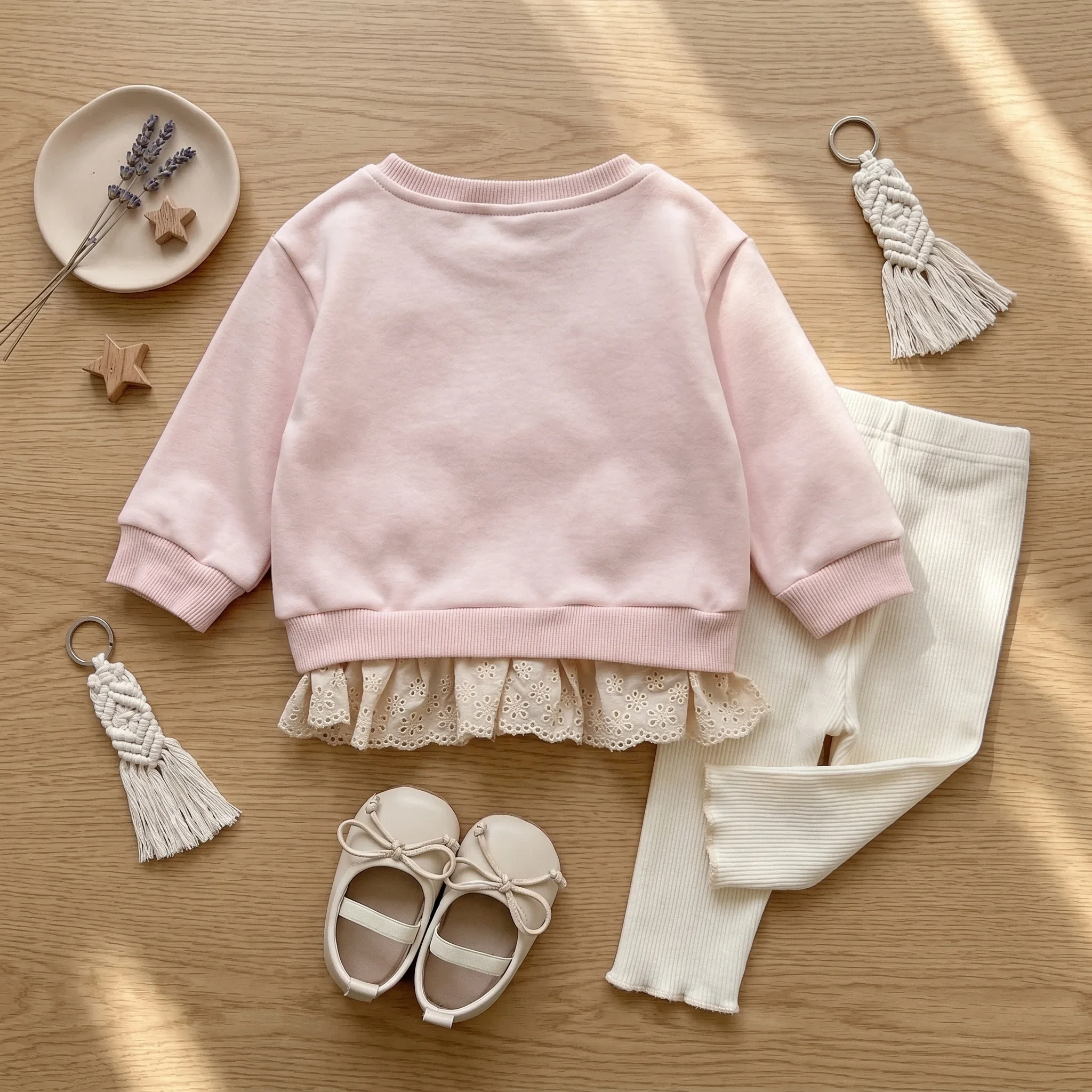 Autumn Toddler Baby Girls Outfit 3D Bow Decoration Lace Hem Long Sleeve Sweatshirt Elastic Waist Pants Spring Baby Cotton Sets