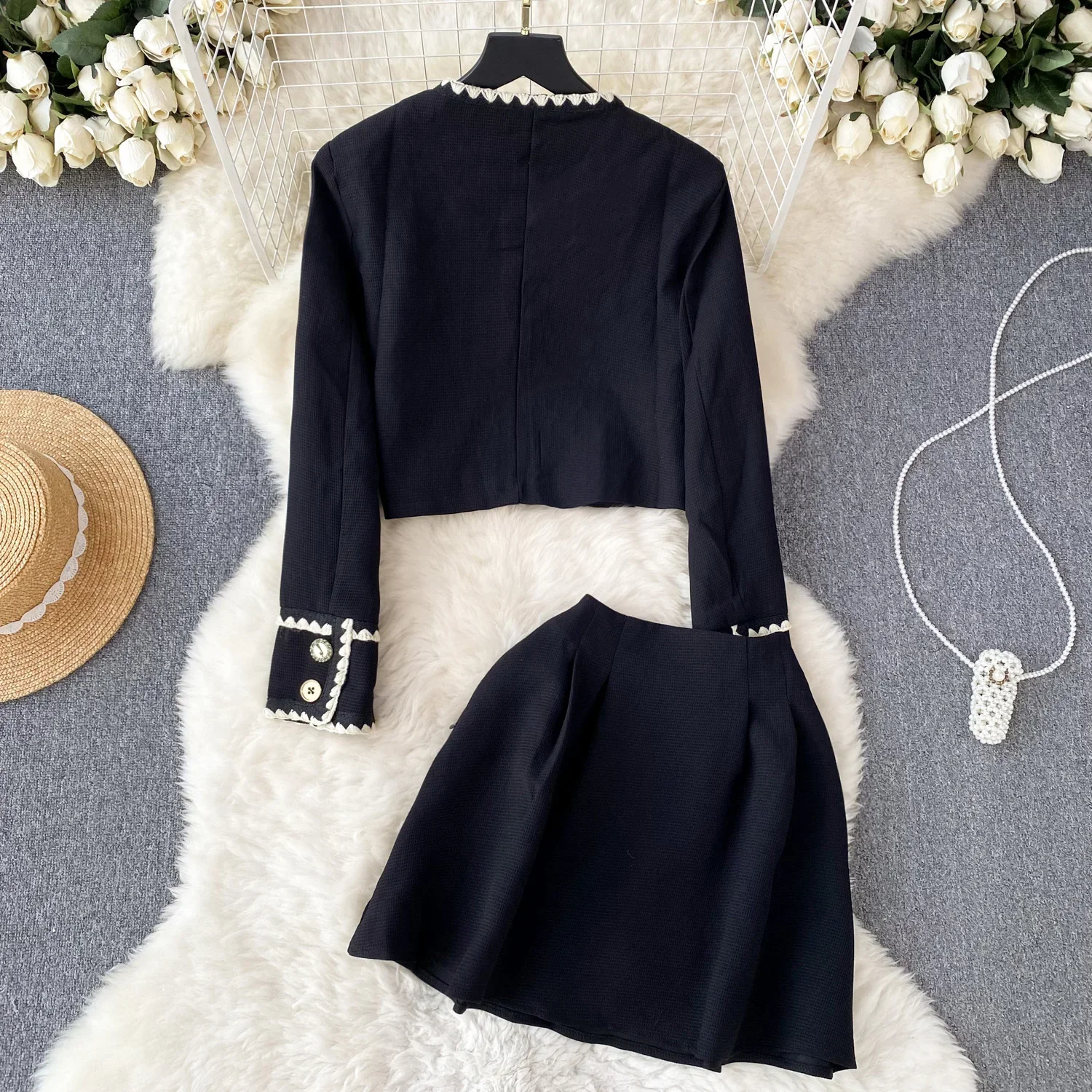 Chic Two-piece Sets Sweet O-Neck Long Sleeve Single Breasted Basics Coat Vintage A-line Skirt High Street Women Autumn Clothing