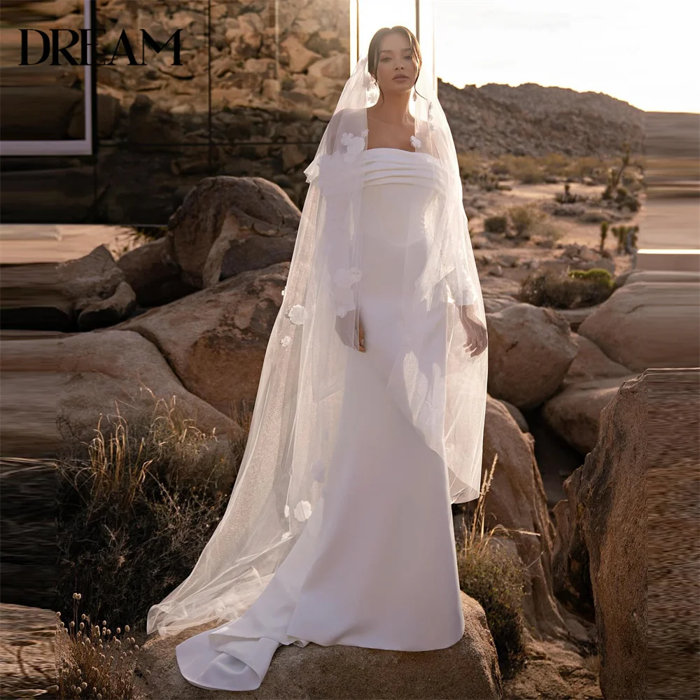 DREAM Elegant Mermaid Wedding Dress Pleat Off The Shoulder Flowers Long Sleeve Open Back Bridal Gown Vestido De Novia Customized