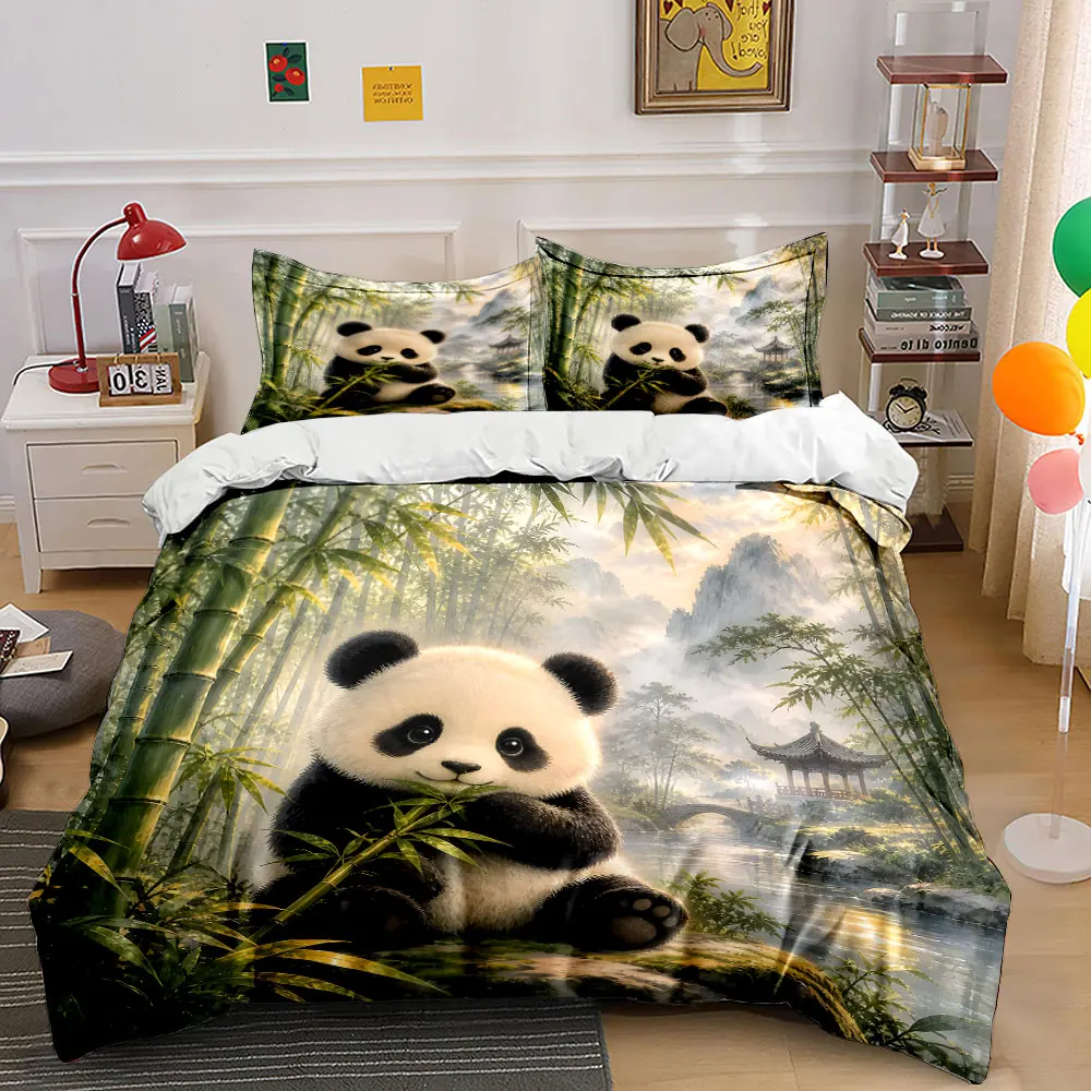 Cute Panda in Bamboo Forest Printed Duvet Cover Set1 Duvet Cover+2 PillowcaseMulti Size Bedroom Bedding Decor Luxury gifts