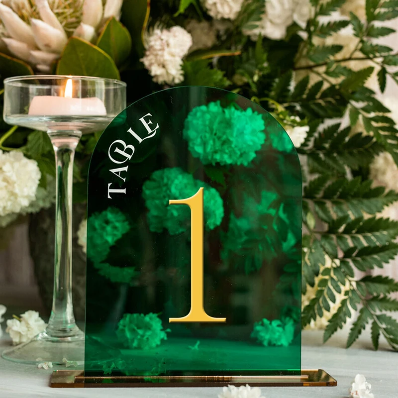 custom green acrylic table number plate wedding display card Bracket with base UV printing Acrylic Holders Table Number