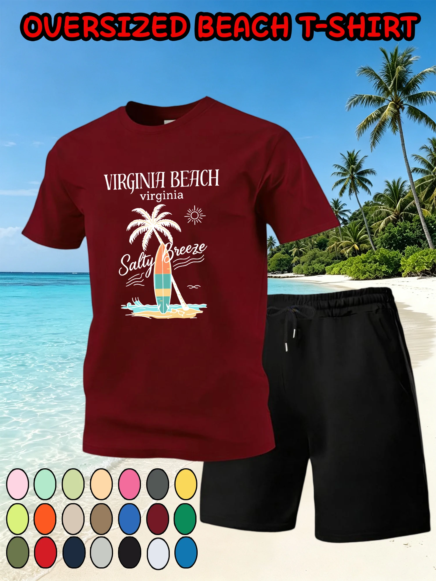 Conjunto de Camiseta y Pantalones Cortos de Verano para Hombre con Estampado de Surf 'Beach Salty Breeze', Camiseta de Algodón con Cuello Redondo y Pantalones Anchos con Cordón Ajustable, Color Negro
