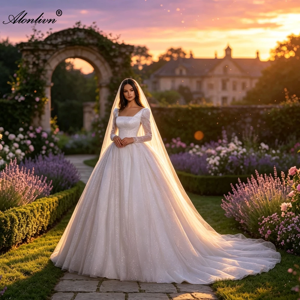 Alonlivn Custom Made Shiny Lace Ball Gown Wedding Dresses Novias Full Sleeves Court Train Square Collar Bridal Gowns