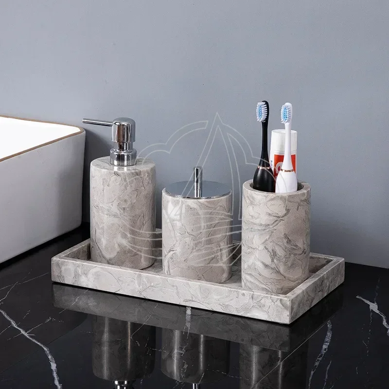 Elegant Natural Marble Bathroom Accessory Set Soap Dispenser Toothbrush Holder Soap Dish Cotton Swab Jar