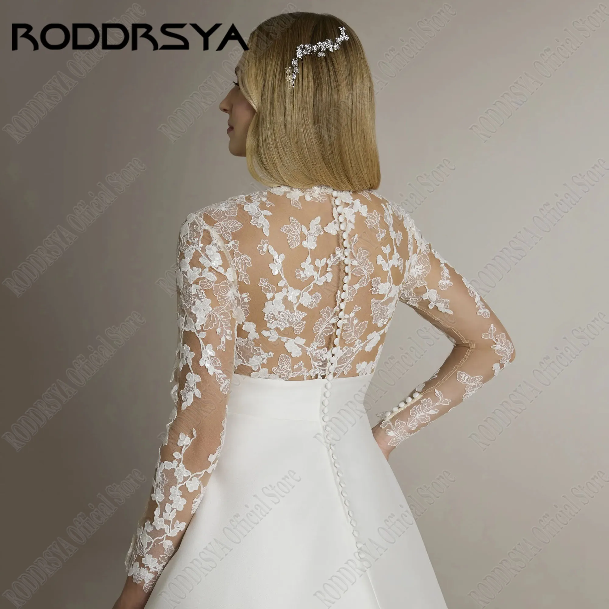 RODDRSYA-vestido de novia Vintage de manga larga, vestidos de novia de bolsillo de satén de línea A, apliques de cuello alto, ilusión trasera, vestidos de noviaVestido de novia retro roddrsya vestido de novia de manga