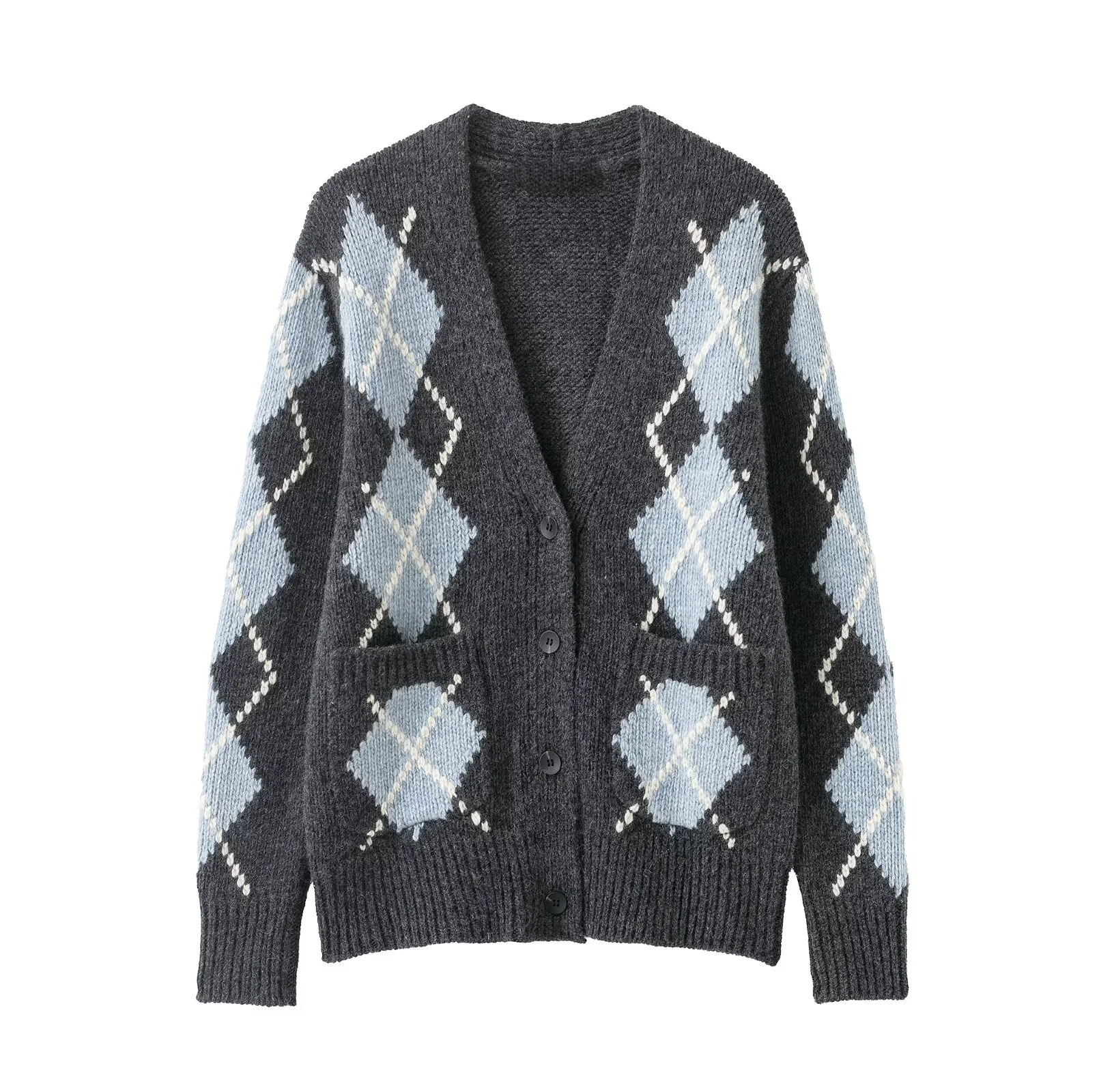 

Осень 2022, новый женский кардиган, повседневный милый и модный свободный вязаный жакет с v-образным вырезом и длинными рукавами с ромбовидным узором