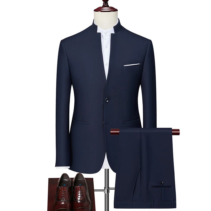 

Chinese Stand Collar Suit Set Men's Zhongan Wedding Youth Busin Casual Western Sle Jaet Chinese Top irt