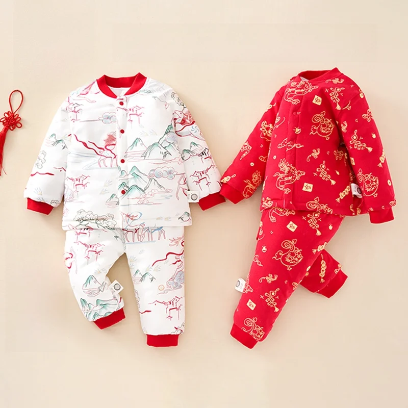 OUYUN Baby Padded Thermal Underwear Set, Cotton Two Piece Outfit, High Waist Belly Protection, Autumn Winter Warm Unisex