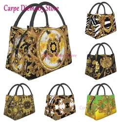 Yellow Rose And Bees Vintage Kitsch Baroque Scarves Thermal Insulated Lunch Bags Women Portable Lunch Container Meal Food Box