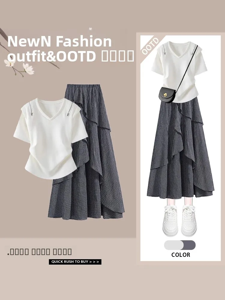 Conjunto de Verão Anti-Envelhecimento para Mulheres, Cseta de Decote em V e Saia Curta, Conjunto de Duas Peças em Fibra de...