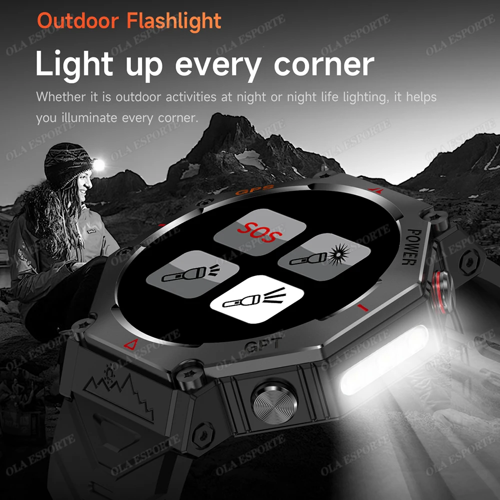 New Outdoor GPS Smart Watch for Android IOS Military Smartwatch LED Flashlight Men 3ATM Waterproof 100+ Sport Modes Built-in GPS