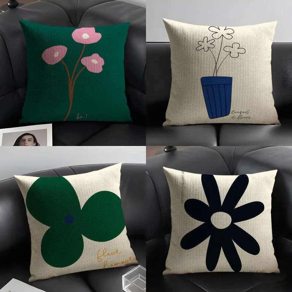 Modern Flower  Minimalist Cushion Cover Natural Linen Organic Fabric Double-Sided Printing Breathable Perfect Gift for Decor