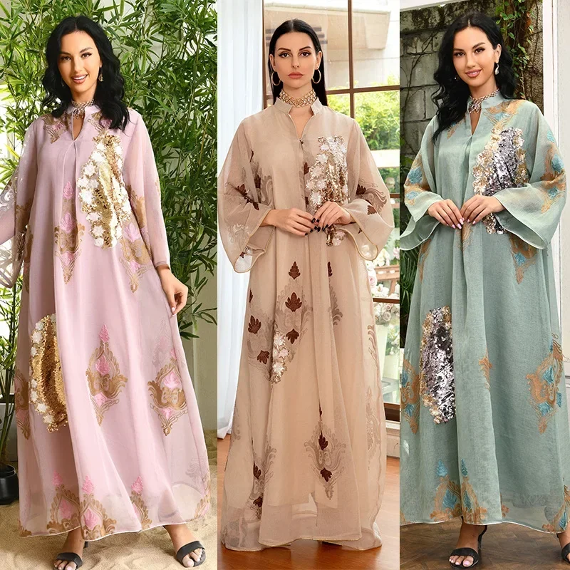 

Women Sequins Embroidery Maxi Dress Ramadan Muslim Abaya Dubai Kaftan Eid Arabic Robe Turkey Party Gown Islamic Caftan Jalabiya